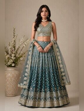 Gradient Dual-Tone Dove Blue Embroidered Lehenga Choli Set
